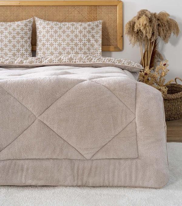 Bej Geometrik Loura Çift Kişilik Çift Taraflı Lüx Wellsoft Yorgan Seti 195x215 cm - Image 1