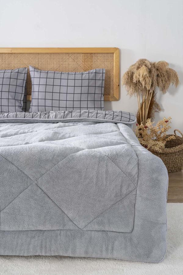 Gri Kareli Loura Tek Kişilik Çift Taraflı Lüx Wellsoft Yorgan Seti 155x215 cm - Image 1