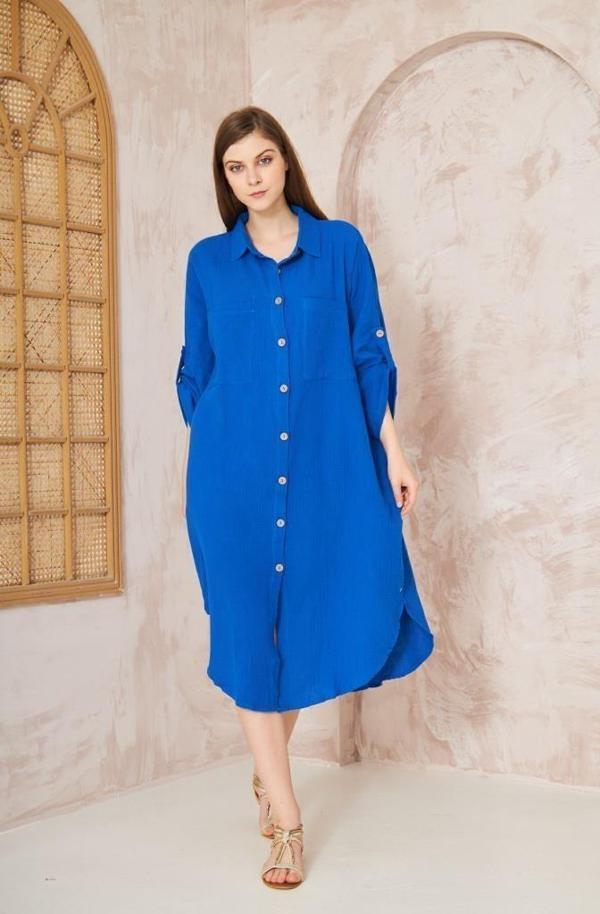 Kadın Müslin Extra Geniş Oversize Yarasa Kol Cepli Uzun Kollu Yazlık Gömlek Elbise 3440440 - Image 1