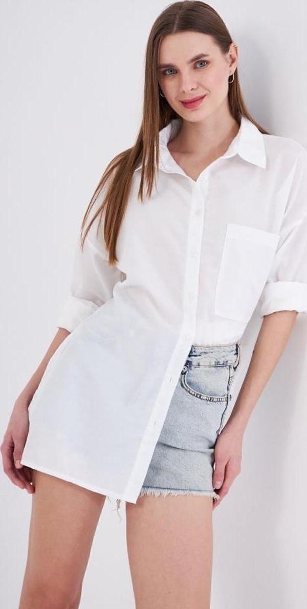 Kadın Uzun Kollu Terikoton Özel Kumaş Cepli  Spor Uzun Tunik Gömlek 3518185 - Image 1