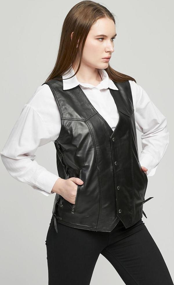 Nyc Giyim Tekstil Hakiki Deri Yandan Ayarlanabilir Bağcıklı Yelek Siyah Renk Kadın - Image 1
