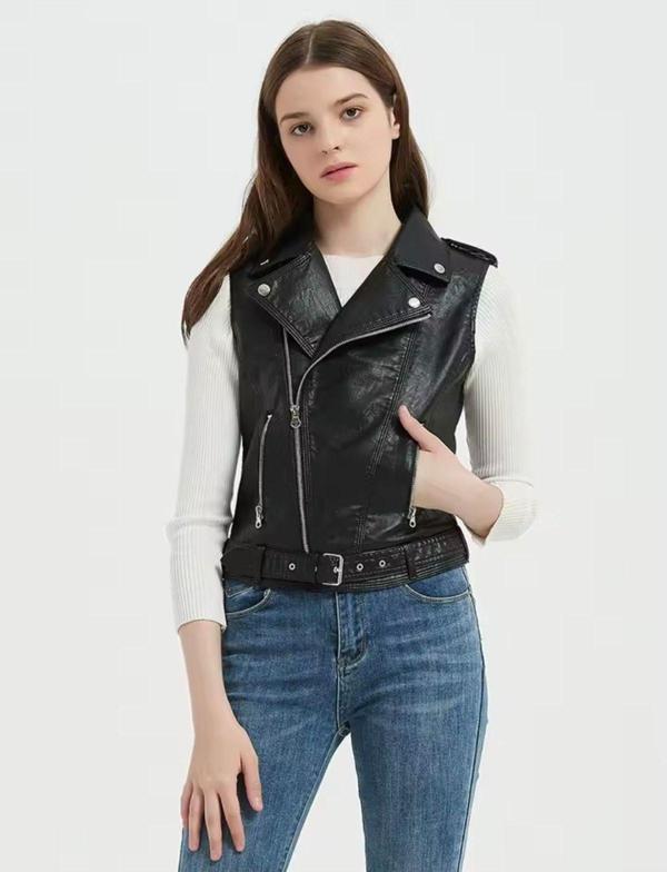 Nyc Giyim Tekstil Hakiki Kuzu Derisi Kadın Motorcu Tarzı Biker Yelek - Image 1