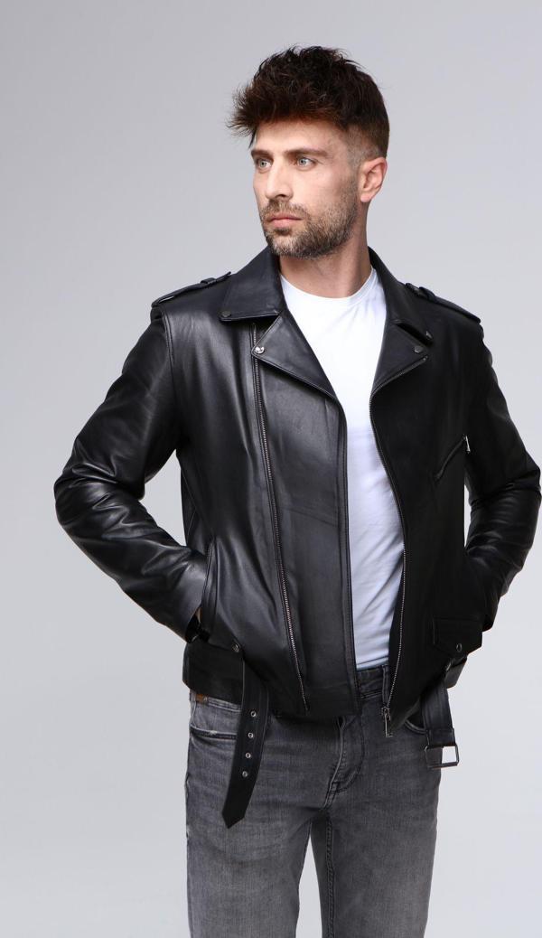 Nyc Giyim Tekstil Motorcu Tarzı Hakiki Deri Biker Mont Siyah Renk - Image 1