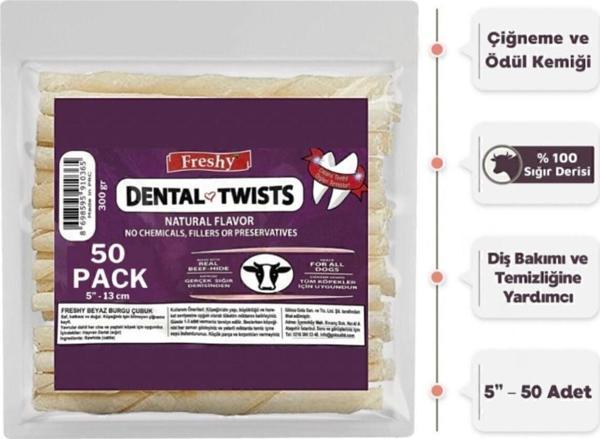 Dental Chews White Twist Sticks Dog Treat Diş Sağlığı Için Beyaz Burgu Çubuk Kemik 50 Adet 300 Gr - Image 1