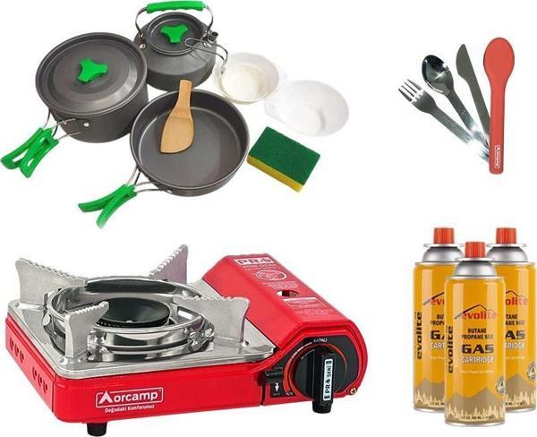 Orcamp Mini Portatif Kamp Ocağı Kırmızı + 3'lü Tencere Seti + ÇKB(OUT-1970-K) + 3 Evolite 227 gr Gaz Kartuşu EVO-004-D3 - Image 1