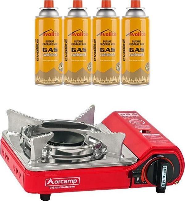 Orcamp Mini Portatif Kamp Ocağı Kırmızı + 4 Evolite 227 gr Gaz Kartuşu EVO-004-A3 - Image 1