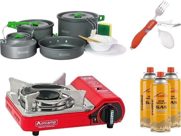 Orcamp Mini Portatif Kamp Ocağı Kırmızı + 4'lü Tencere Seti + ÇKB(OUT-1350-K) + 3 Evolite 227 gr Gaz Kartuşu EVO-004-D1 - Image 1