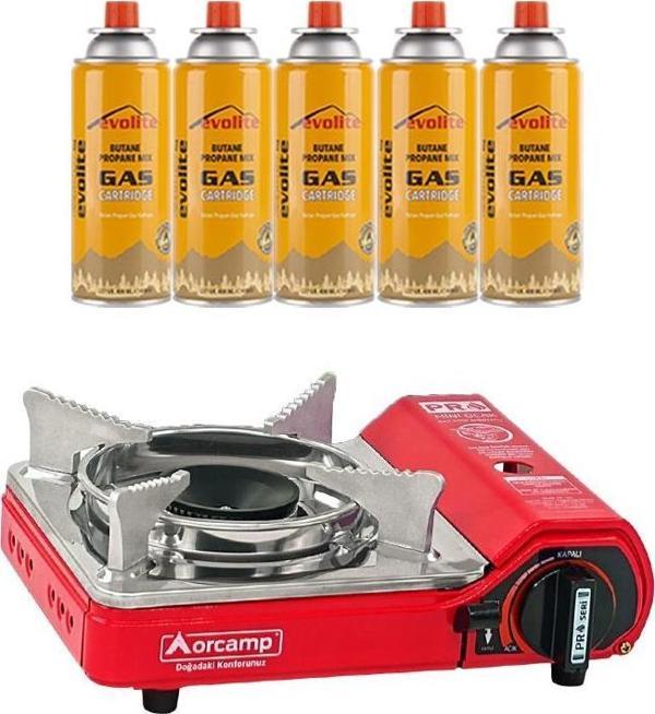 Orcamp Mini Portatif Kamp Ocağı Kırmızı + 5 Evolite 227 gr Gaz Kartuşu EVO-004-A4 - Image 1