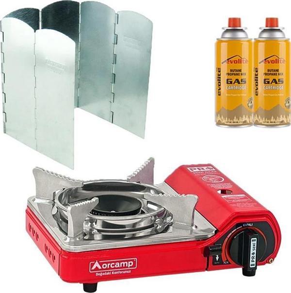 Orcamp Mini Portatif Kamp Ocağı Kırmızı + 6 Kanatlı Rüzgarlık + 2 Evolite 227 gr Gaz Kartuşu EVO-004-E1 - Image 1