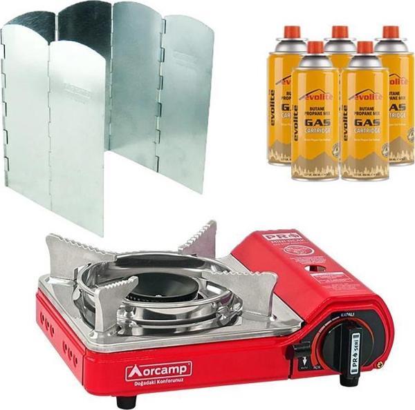 Orcamp Mini Portatif Kamp Ocağı Kırmızı + 6 Kanatlı Rüzgarlık + 5 Evolite 227 gr Gaz Kartuşu EVO-004-E4 - Image 1