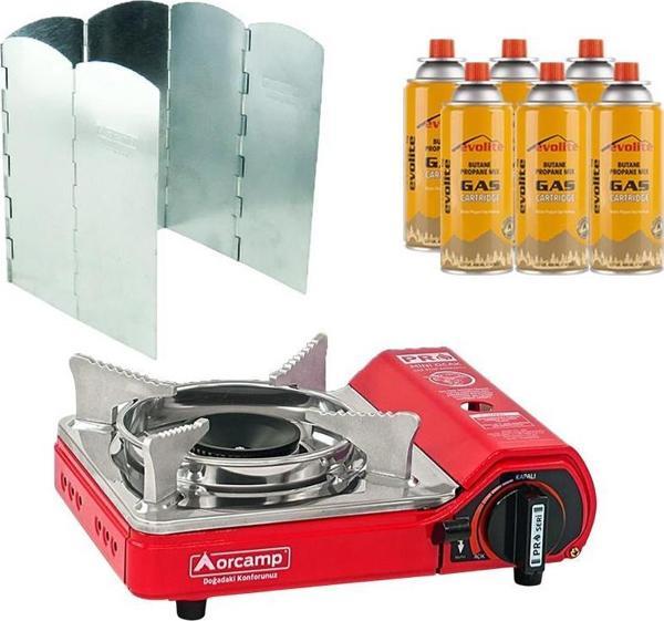 Orcamp Mini Portatif Kamp Ocağı Kırmızı + 6 Kanatlı Rüzgarlık + 6 Evolite 227 gr Gaz Kartuşu EVO-004-E5 - Image 1