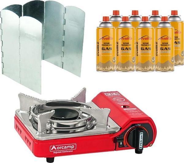 Orcamp Mini Portatif Kamp Ocağı Kırmızı + 6 Kanatlı Rüzgarlık + 8 Evolite 227 gr Gaz Kartuşu EVO-004-E7 - Image 1