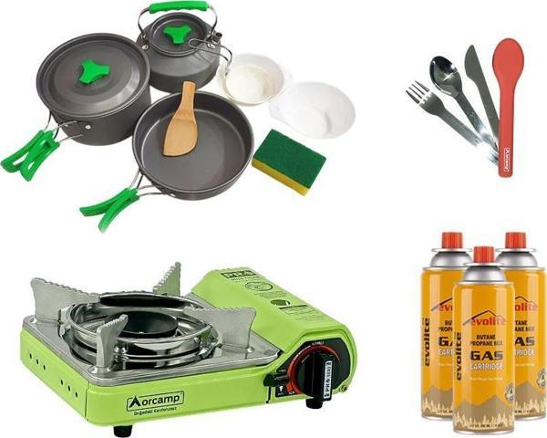 Orcamp Mini Portatif Kamp Ocağı Yeşil + 3'lü Tencere Seti + ÇKB(OUT-1970-K) + 3 Evolite 227 gr Gaz Kartuşu EVO-006-D5 - Image 1