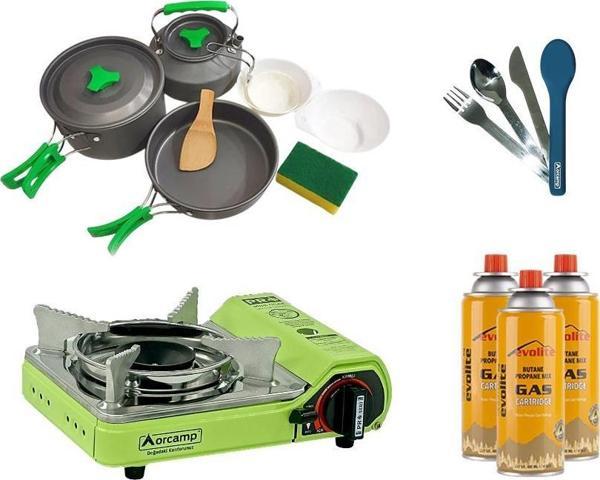 Orcamp Mini Portatif Kamp Ocağı Yeşil + 3'lü Tencere Seti + ÇKB(OUT-1970-M) + 3 Evolite 227 gr Gaz Kartuşu EVO-006-D3 - Image 1