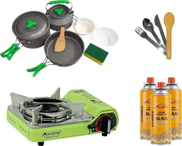Orcamp Mini Portatif Kamp Ocağı Yeşil + 3'lü Tencere Seti + ÇKB(OUT-1970-S) + 3 Evolite 227 gr Gaz Kartuşu EVO-006-D4 - Image 1