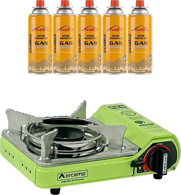 Orcamp Mini Portatif Kamp Ocağı Yeşil + 5 Evolite 227 gr Gaz Kartuşu EVO-006-A4 - Image 1