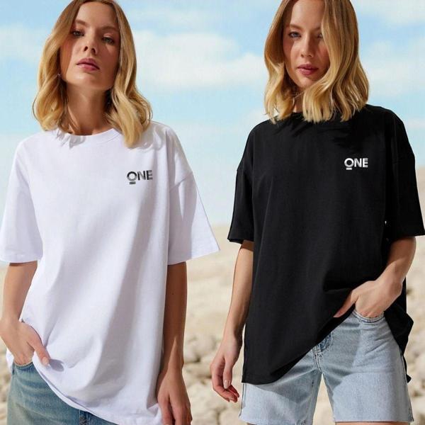 Unisex, 2 Li Paket, Siyah-beyaz, Basic, Oversize, Geniş Kalıp, Penye, T-shirt Tişört - Image 1
