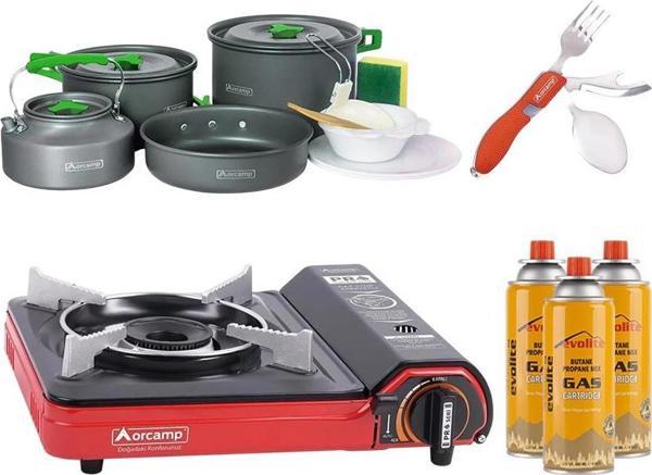 Orcamp Portatif Kamp Ocağı Kırmızı + 4'lü Tencere Seti + ÇKB(OUT-1350-K) + 3 Evolite 227 gr Gaz Kartuşu EVO-002-D1 - Image 1