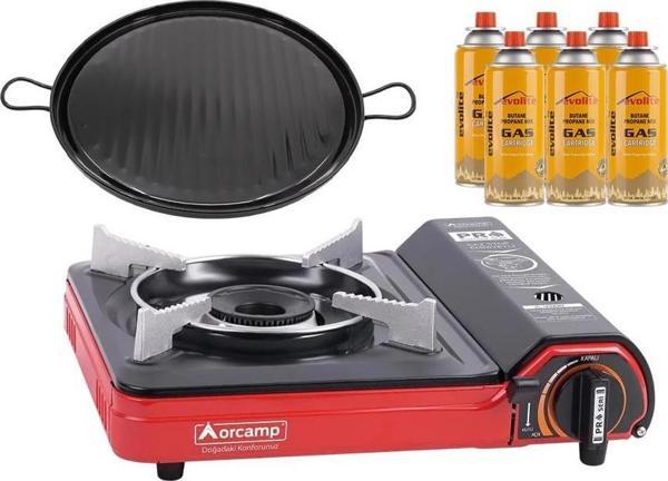 Orcamp Portatif Kamp Ocağı Kırmızı + Emaye Tava + 6 Evolite 227 gr Gaz Kartuşu EVO-002-C5 - Image 1