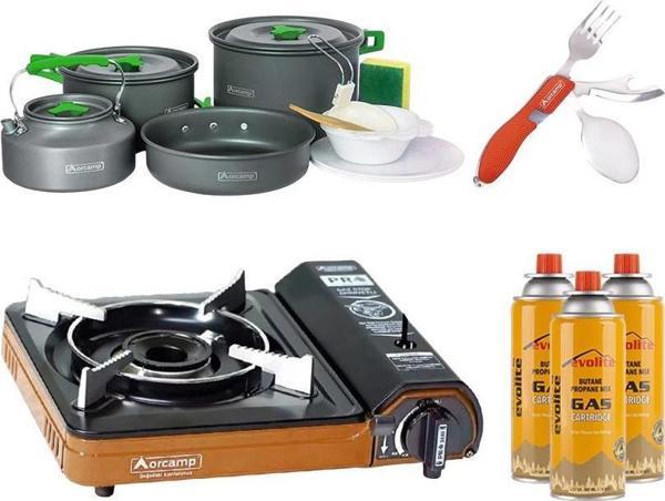 Orcamp Portatif Kamp Ocağı Turuncu + 4'lü Tencere Seti + ÇKB(OUT-1350-K) + 3 Evolite 227 gr Gaz Kartuşu EVO-003-D1 - Image 1
