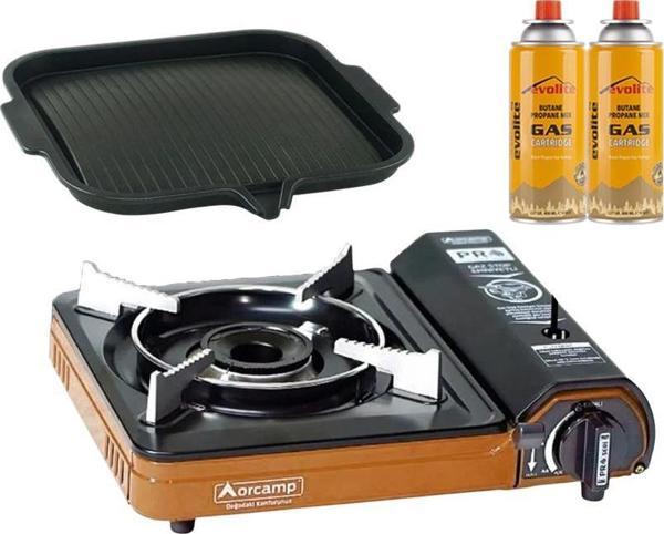 Orcamp Portatif Kamp Ocağı Turuncu + Yapışmaz Izgara Tava + 2 Evolite 227 gr Gaz Kartuşu EVO-003-B1 - Image 1