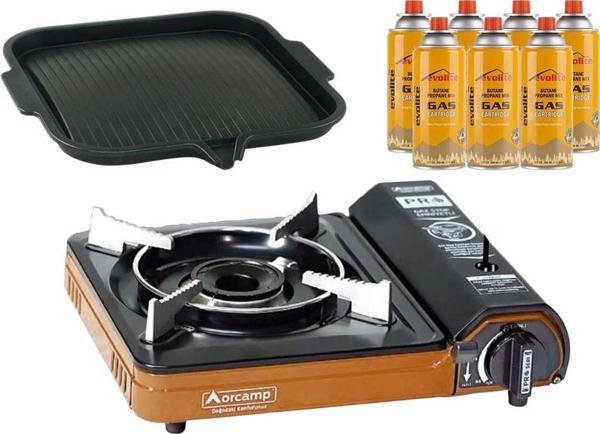 Orcamp Portatif Kamp Ocağı Turuncu + Yapışmaz Izgara Tava + 7 Evolite 227 gr Gaz Kartuşu EVO-003-B6 - Image 1