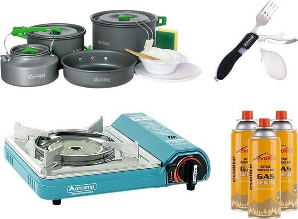 Orcamp Seramik Pro Portatif Kamp Ocağı Mavi + 4'lü Tencere Seti + ÇKB(OUT-1350-S) + 3 Evolite 227 gr Gaz Kartuşu EVO-007 - Image 1