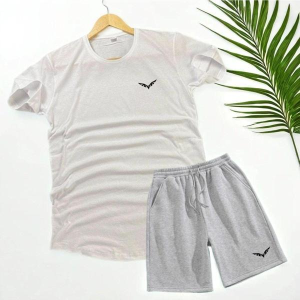 Unisex Gri Kanat Baskılı Alt Üst Şort T-shirt Takım Kombin - Image 1
