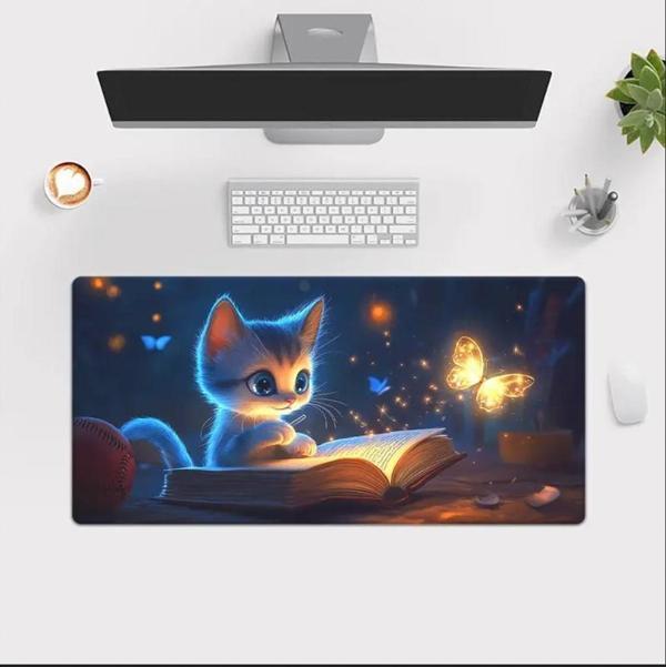 70X30 CM KİTAP OKUYAN KEDİ TEMALI KAYDIRMAZ TABAN SPEED YÜZEY OYUNCU MOUSE PAD GAMİNG - Image 1