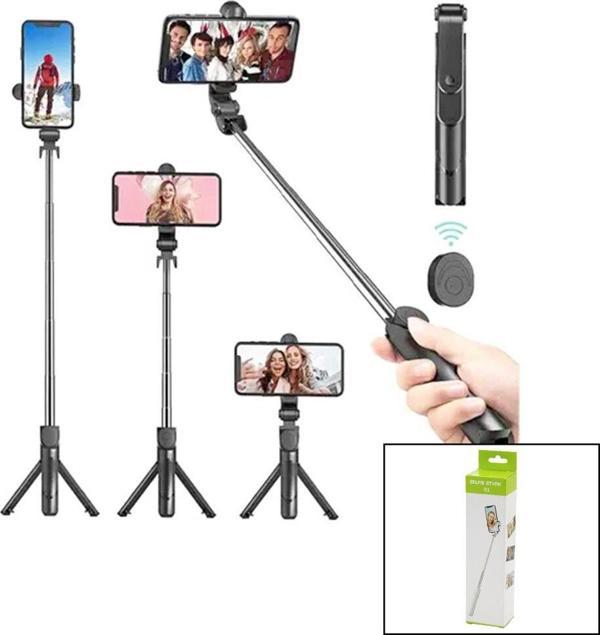 SİYAH  SELFİ ÇUBUK - TRİPOD AYAKLI  57CM UZAYAN-KISALAN SAPLI + 10CM =67CM (2818) - Image 1