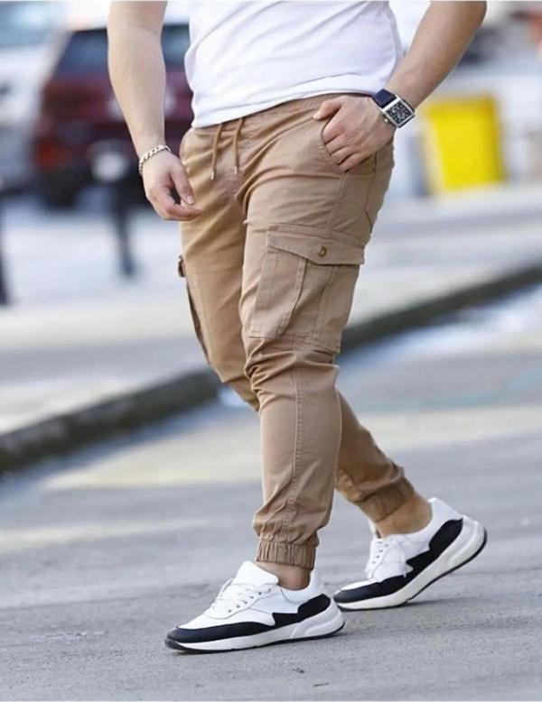 Likralı pamuklu Beli ve Paçası Lastikli mevsimlik Kahverengi Kargo Pantolon - Image 1