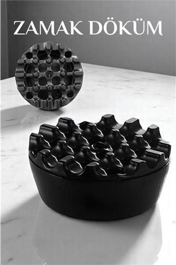Kapaklı Zamak Döküm Yuvarlak Küllük Metal Kül Tablası - Kafe Küllüğü SİYAH - Image 1