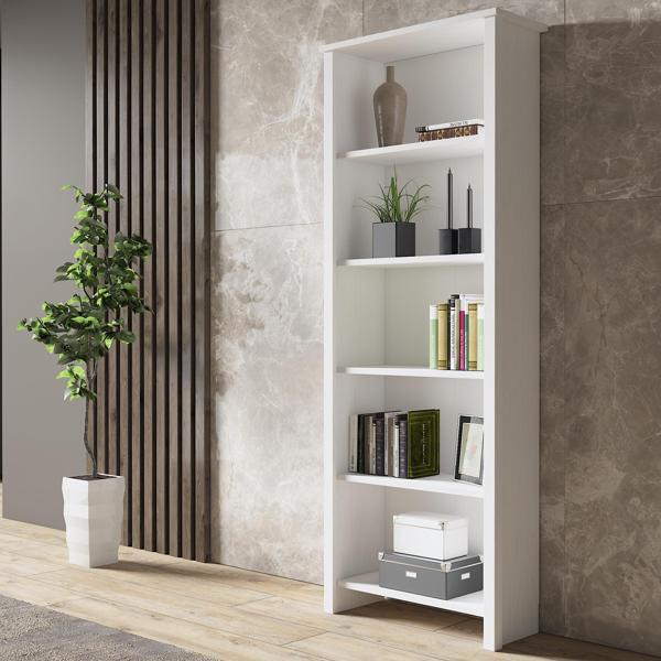 Venezia Premium  Ahşap Ayaklı 5 Raflı Kitaplık - Wood Beyaz - Image 1