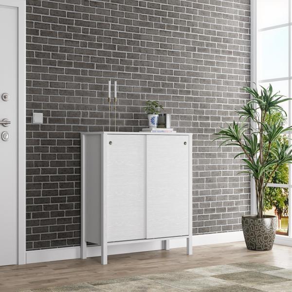 Venezia 2 Sürgülü Kapaklı, Ahşap Ayaklı, Premium Ayakkabılık, Çok Amaçlı Dolap - Minifiks - Wood Beyaz - Image 1