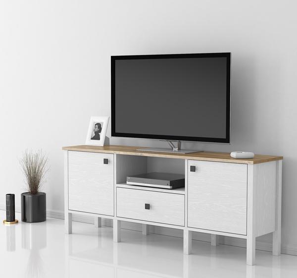 Venezia 2 Kapak 1 Çekmece Ahşap Ayaklı Tv 150 Cm Tv Ünitesi - Minifiksli - Atlantik Çam / Wood Beyaz - Image 1