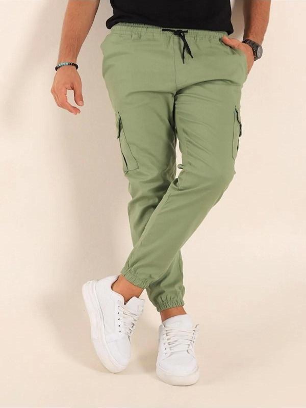 Likralı pamuklu Beli ve Paçası Lastikli mevsimlik haki renk Pantolon - Image 1