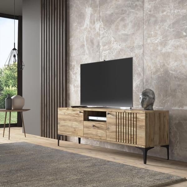 Elit Tv 150 Cm Çıta Kapaklı Metal Ayaklı Tv Ünitesi - Atlantik Çam / Siyah - Image 1