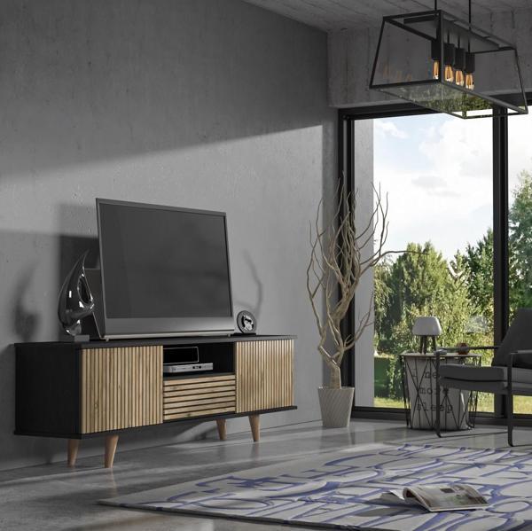 Nova  Zebra Kapak 180 Cm 2 Kapak 2 Çekmeceli Premium Tv Ünitesi - Minifiks - Wood Siyah / Atlantik Çam - Image 1