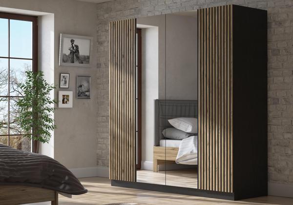 Nova Zebra Kapak Aynalı 180 Cm 4 Kapaklı Gardırop Minifiks - Wood Siyah / Atlantik Çam - Image 1