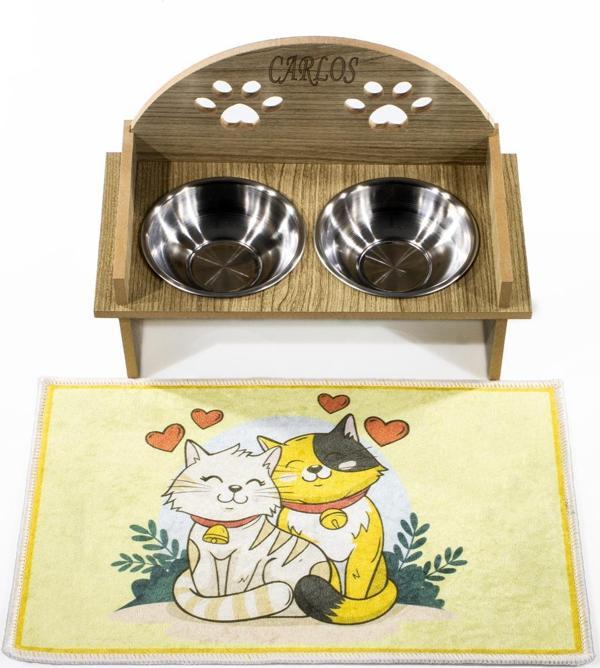 Ahşap Özel İsim Baskılı, Oval Kedi Köpek Mama Su Kabı Standı, Metal Suluk, Kedi Köpek Halısı - Image 1