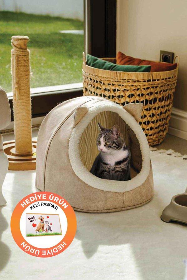 Alas Keçe Kedi Ve Köpek Evi Yatağı Bej Paspas Hediyeli - Image 1
