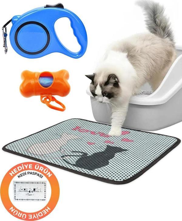 Kedi Köpek 3 lü Set Taşınabilir Kedi Köpek Kaka Poşeti, Tuvalet Önü Elekli Paspas, 5 mt Makarali Kedi Köpek Tasması - Image 1