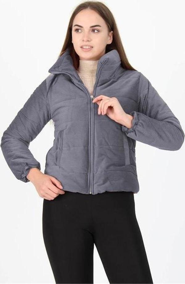 Dip Moda Kadın Yüksek Yaka Fermuar Detaylı Cepli Kışlık Kadife Mont DP7154 - Image 1