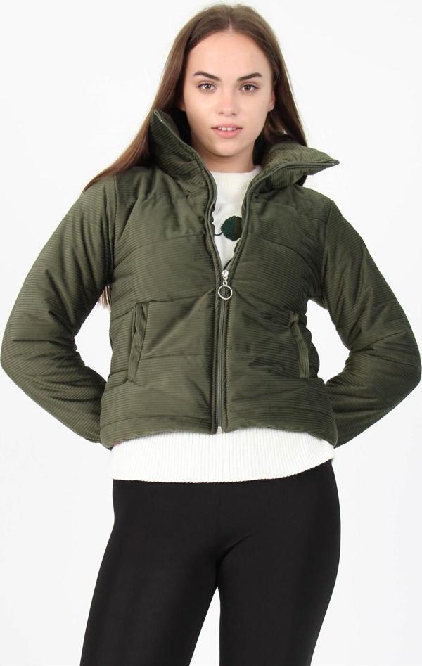 Dip Moda Kadın Yüksek Yaka Fermuar Detaylı Cepli Kışlık Kadife Mont DP7154 - Image 1