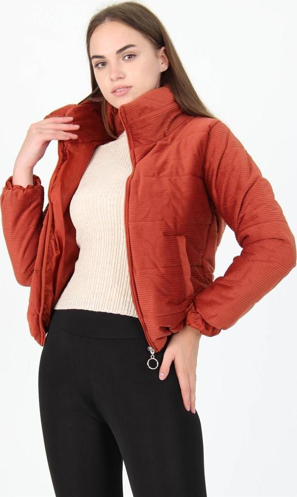 Dip Moda Kadın Yüksek Yaka Fermuar Detaylı Cepli Kışlık Kadife Mont DP7154 - Image 1