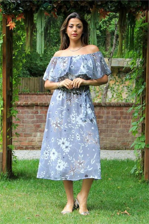 Dip Moda kadın gri bağlama detaylı madonna yaka şifon elbise DP100371 - Image 1