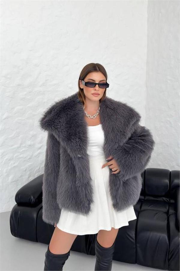 Dip Moda kadın antrasit oversize çıtçıtlı ithal kürk mont DPG037 - Image 1