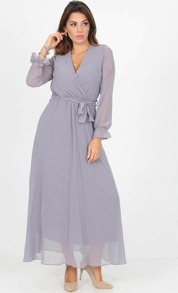 Dip Moda Kadın Kruvaze Yaka Bağlama Detaylı Yeni Sezon Uzun Şifon Elbise KTS003 - Image 1