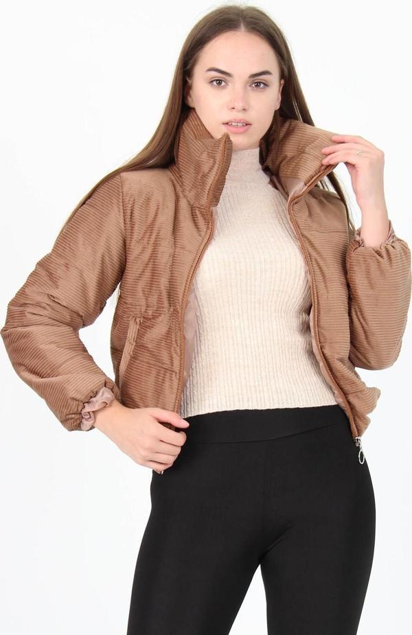 Dip Moda Kadın Yüksek Yaka Fermuar Detaylı Cepli Kışlık Kadife Mont DP7154 - Image 1