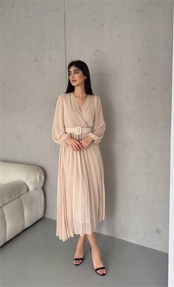 Dip Moda kadın piliseli kruvaze yaka kemerli şifon elbise DPK2113 - Image 1